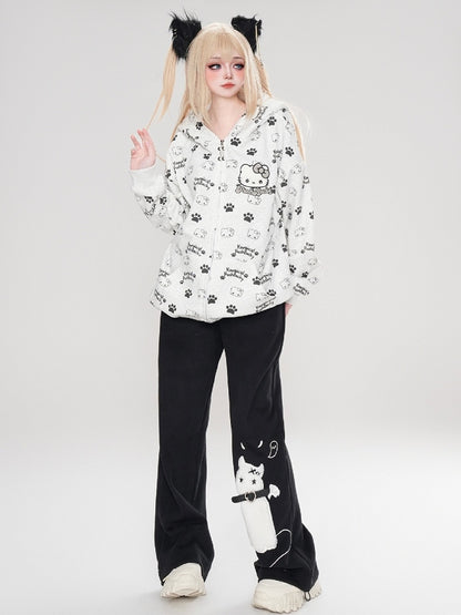 Black/Pink/Light Blue Kitties Allover Print Zip Hoodie