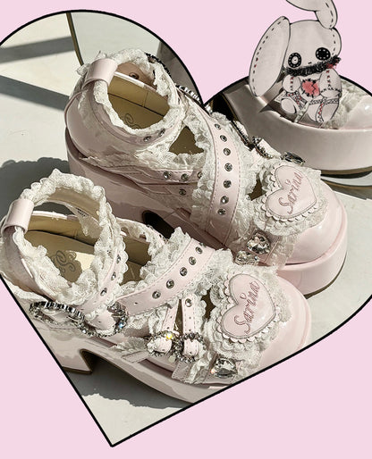 Rhinestone Decor Block Platform Heel with Heels: - Buckle Straps Kei Criss-Cross Pink Chunky Lace High Jirai