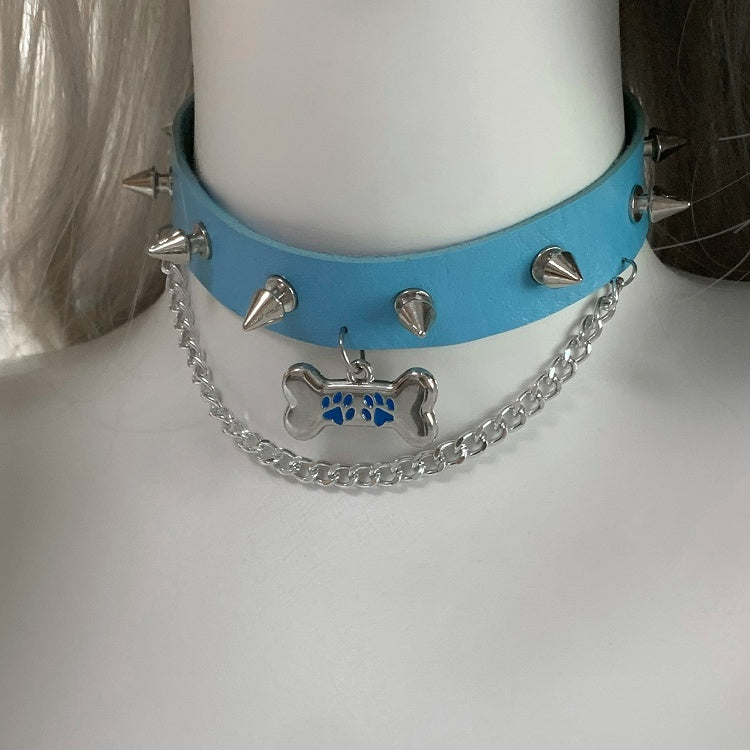 Black Bone Pendant Studded Choker with Chain