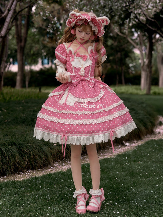 Ears Square Pattern Dress Bunny Polka Dots Lolita Neckline Pink Plush Sweet Dark