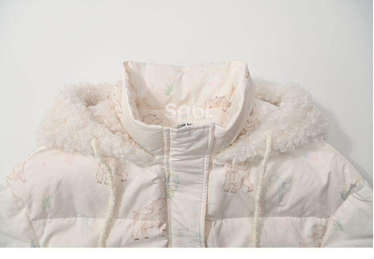 Cute Lamb Print White Hooded Down Jacket Short/Long Version