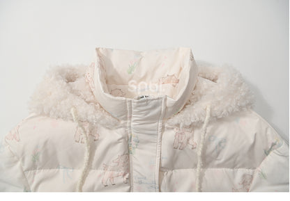 Cute Lamb Print White Hooded Down Jacket Short/Long Version