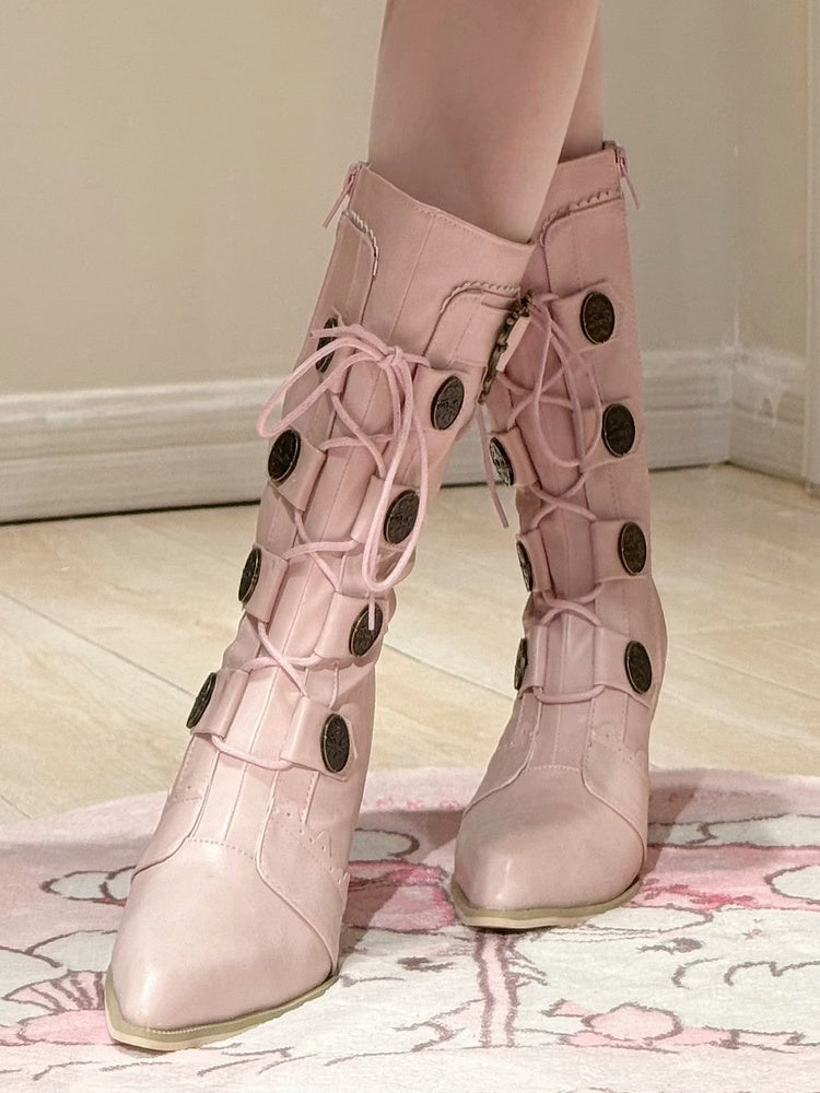 PU with Leather Toe Pointed Heels Lace-Up Lolita Sakura Mid-Calf Details Pink Design Boots Buckle -