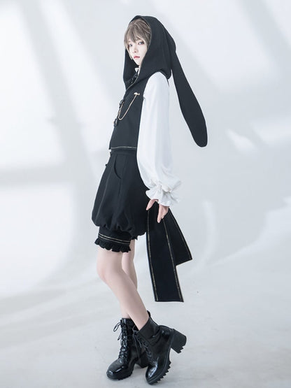 Black Oversized Bunny Ears Hooded Ouji Waistcoat