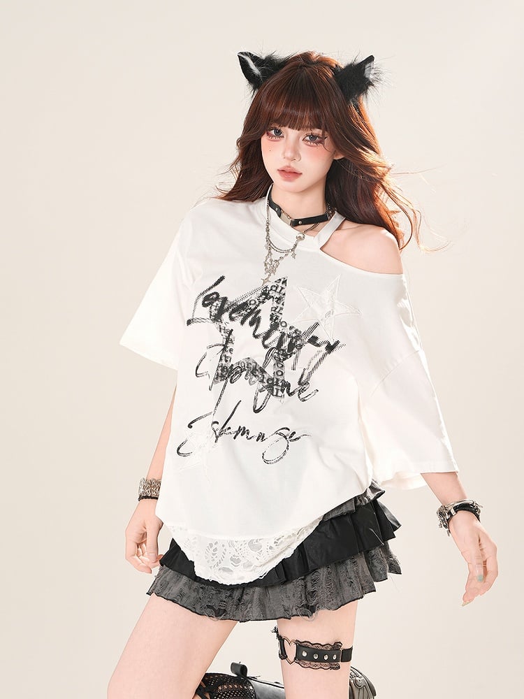 Cutout Shoulder Distressed Holes Hem Graphic T-Shirt Black/White