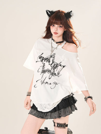 Cutout Shoulder Distressed Holes Hem Graphic T-Shirt Black/White