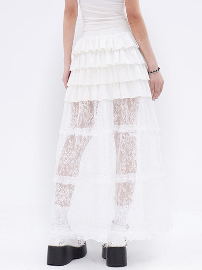 Long White Lace Skirt Hem Ruffle Tiered