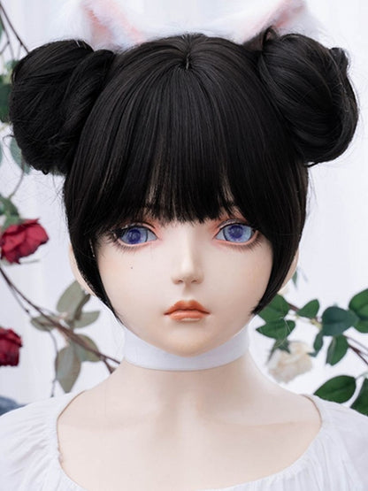 Black Tea Short Bob Cut Synthetic Wig With Double Ponytail Claw Clips