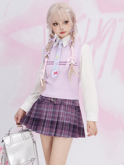 Purple Buckle Strap Preppy Style Plaid Pleated Skirt