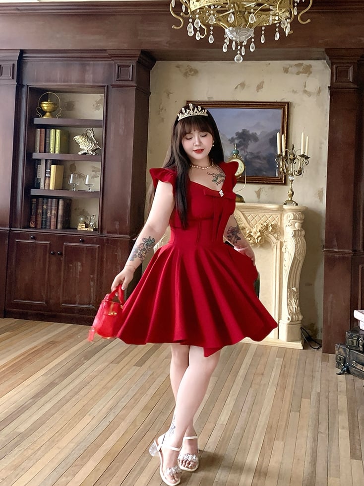 Plus Size V-neck Dress Flutter Sleeves Big Bow Front Red