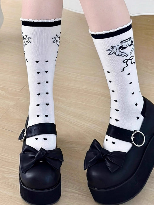 Angel Black Wings Calf Print Lolita Socks