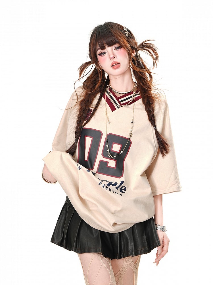Loose T-Shirt Print Sports Khaki/Navy Blue Preppy Style V-Neck Number