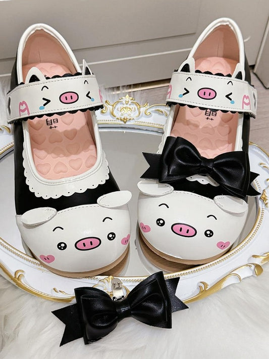 Print with Interchangeable Pig Mary Janes Black Flat Lolita Bow Detail Sweet - Scalloped