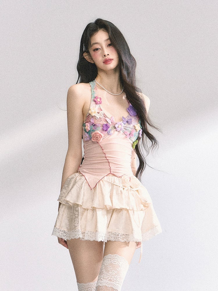Floral Embellished Pink Lettuce Hem Top Knitted Halter Neck