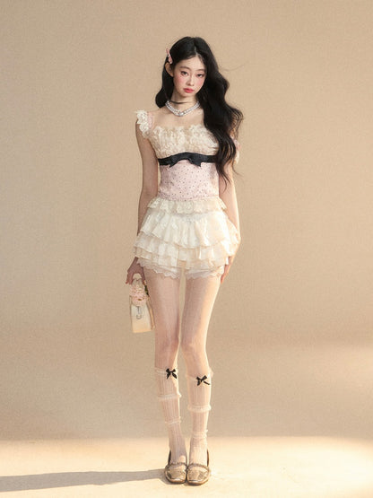Glamorous Pink Polka-dot Pattern Sleeveless Top Ruffled Lace Trim Detail Bowknot