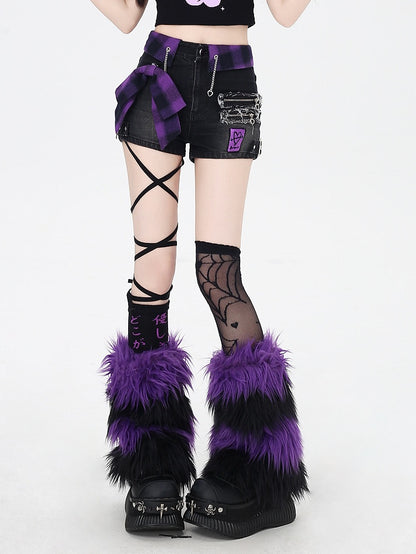Purple Plaid Bowknot Black Glamorous Denim Shorts