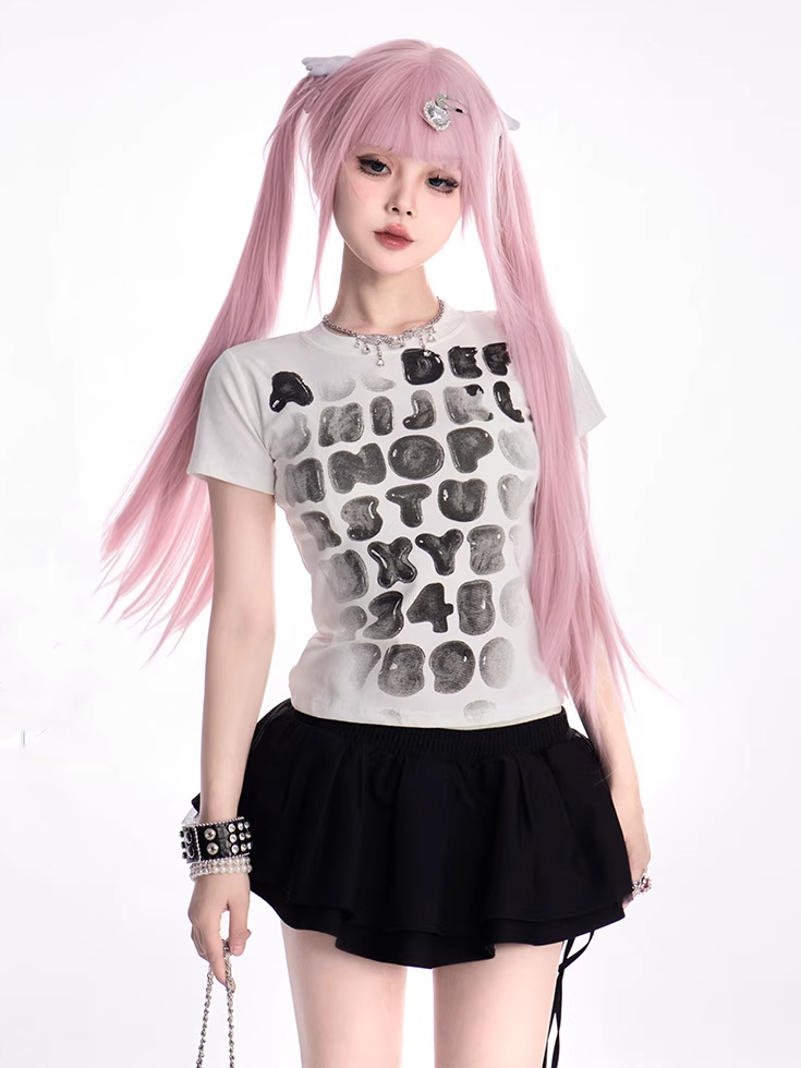 T-shirt White Round Neck Gradient Letter Print Slim-fitting