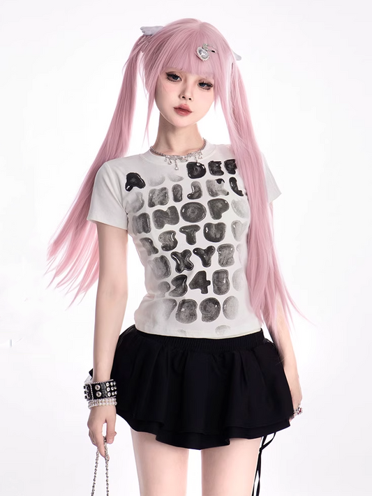 T-shirt White Round Neck Gradient Letter Print Slim-fitting