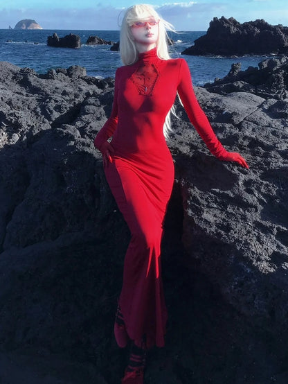 Gothic Red Coffin Cutout Cross Details High Neck Mermaid Skirt Maxi Dress