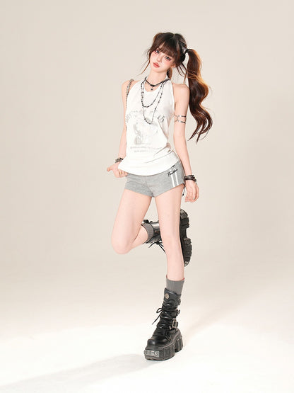Black/Gray Elastic Waist Casual Shorts
