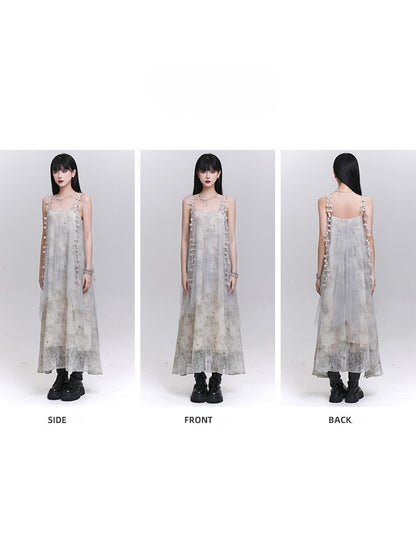 Gray with Ribbons Layered Dress Embroidered Slip Tulle Floral Hem Asymmetrical