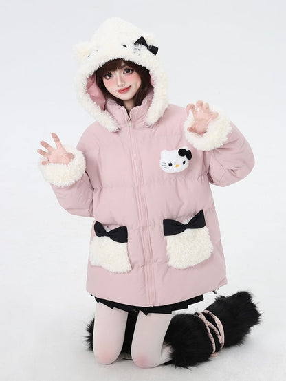 Black Pink Detachable Hood Plush Trim Thick Coat