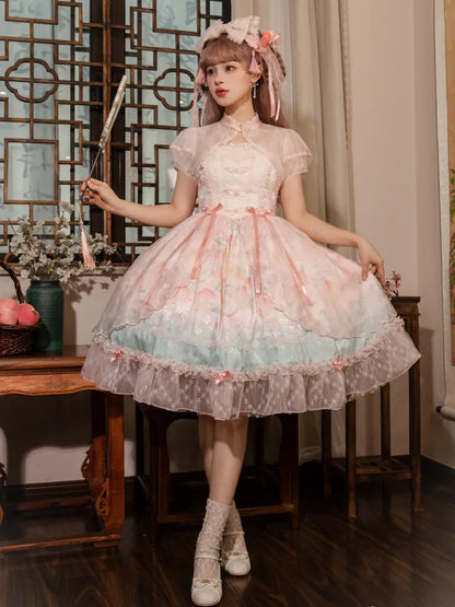 Robe Lolita rose à taille basque, imprimé pêche et fleurs de pêcher JSK