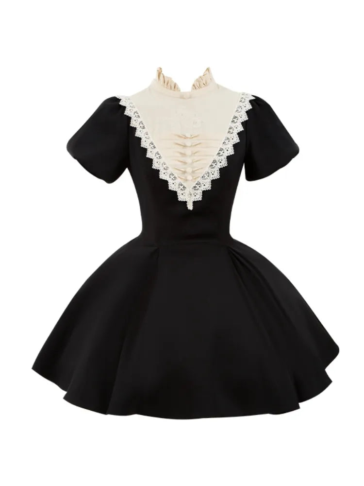 Black and Beige Ruffle Banded Collar Gothic Nun Lolita Dress Short Version