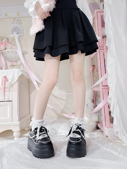 Jirai Kei Black Rhinestone Platform Shoes with Detachable Beaded Chain