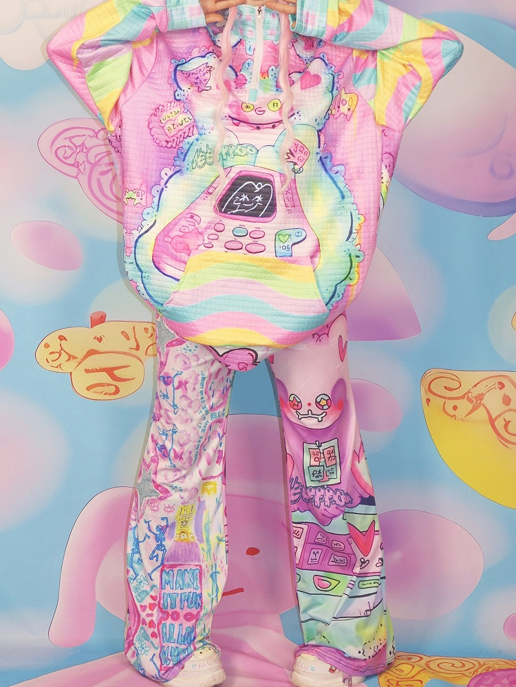 Cartoon Silhouette Pants Flare Print Y2K Colorful