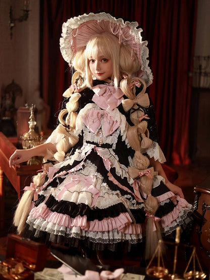 Black and Pink High Waist Sweet Witchy Dress Lolita Jumper Skirt Full Set