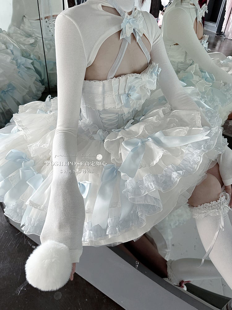 Blue and White Basque Waist Satin Bows Strapless Puffy Dress Full Set