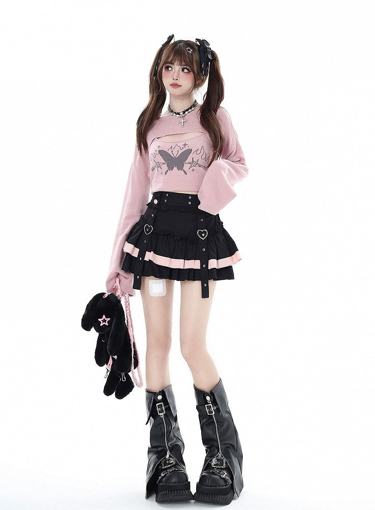 Black Pink Ruffles Tiered Mini and Skirt
