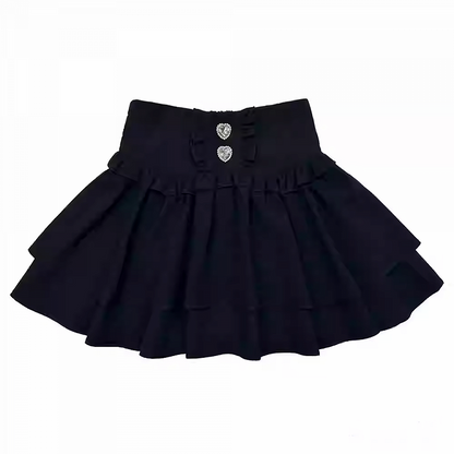 Stufenrock Strass Verziert Jirai Kei Schwarz/Weiß/SchwarzWeiß Herz