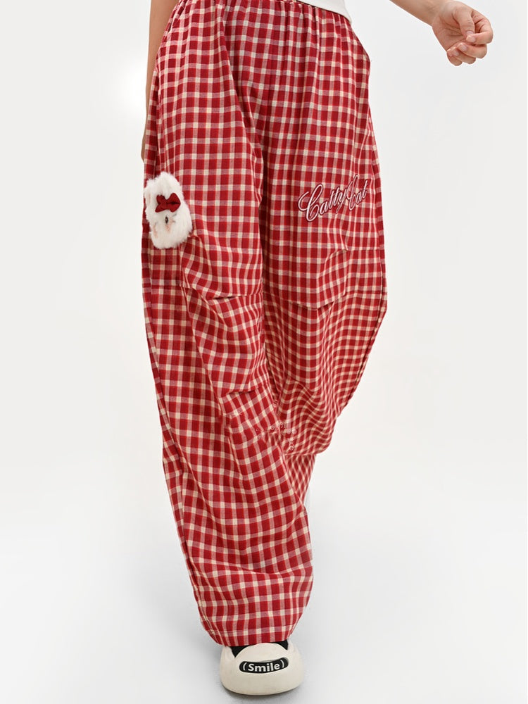 Pants with Kitty Plushie Red Plaid Elastic Waist Wide-Leg Casual
