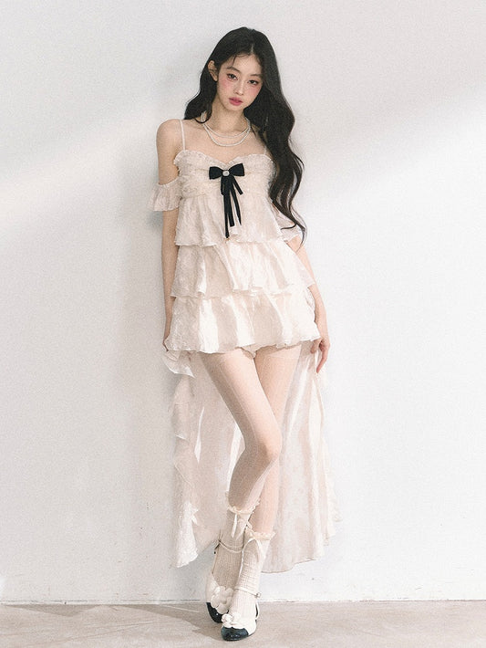 Apricot Cascading Ruffle Trim Tiered Ruffles Cami Dress Skirt High-low