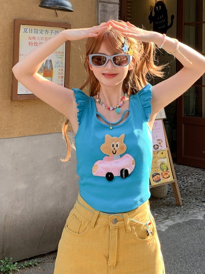 Free Kitty Applique Flutter Sleeves Top Blue Cute Necklace with