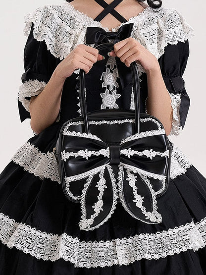 Bag Lolita Bow Sweet PU Square Big Lace with Front School Black White and Old Trim