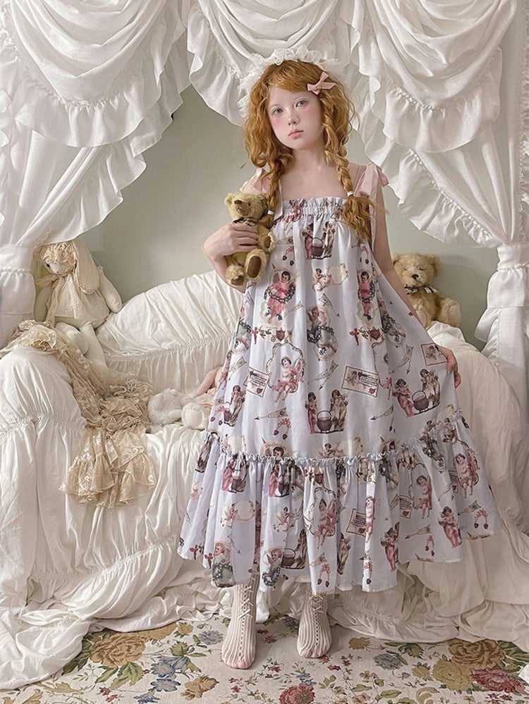 Angel Print Flounce Hem Pajama Dress