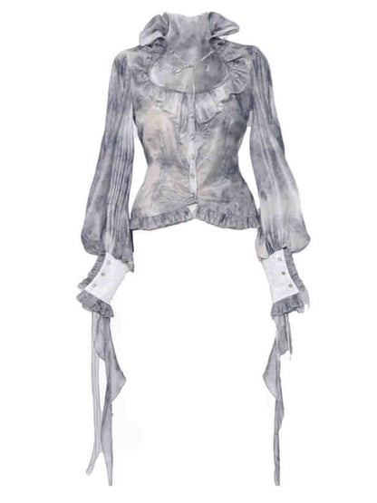 Corpse Bride Ruffle High Neck Dusty Blue Tie Dye Chiffon Shirt