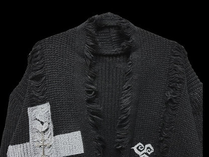 Cardigan gothique punk noir avec croix et squelette, trous de détresse, bord brut