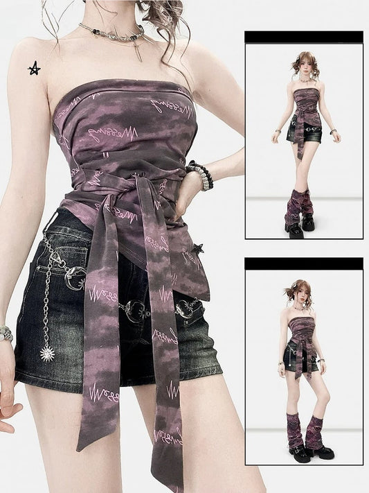 Lila Dye Strap Saum Top Y2K Asymmetrische Bittersüße Tube Selbstbinden Krawatte
