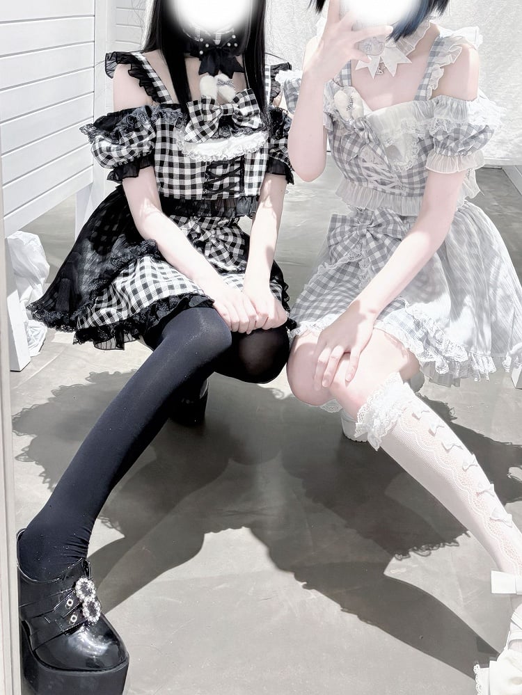 Plaid Idol Design Neckline Bowknot+ Set- Off-the-shoulder Choker High Waist Top Jirai Kei Gray + Bunny Skirt+ Ears