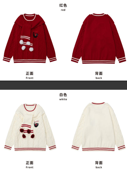 White Kitty Embroidery Scarf Round Neck Christmas Sweater