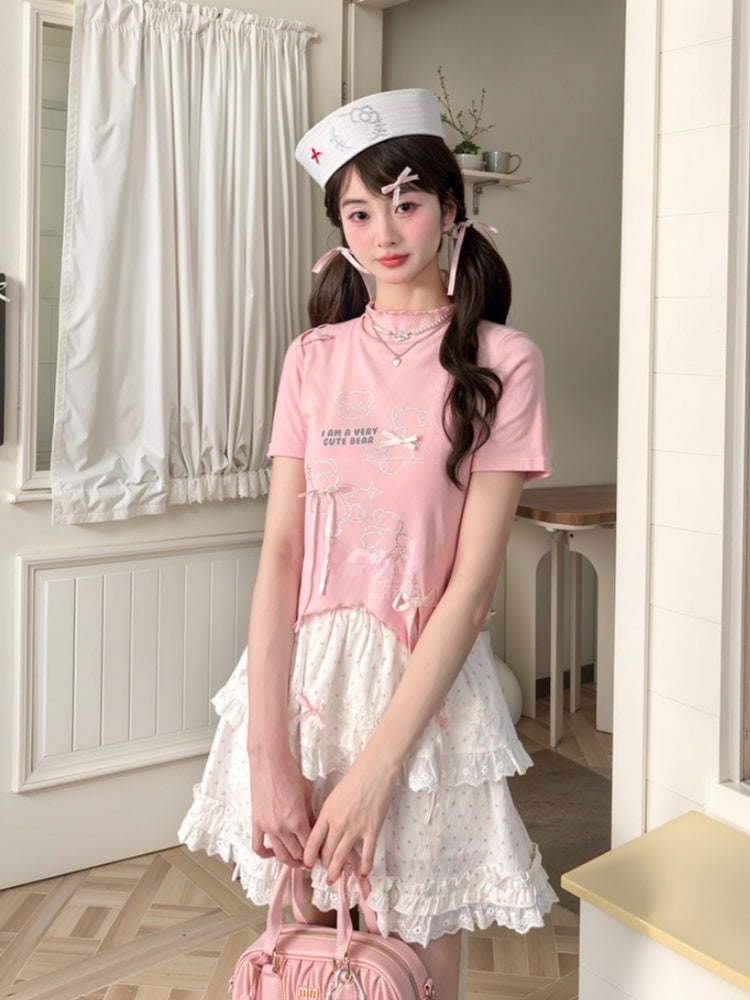 T-Shirt Hem Curved Pink Ruffle Neckline Teddy Bear Rhinestones Bowknot Accents