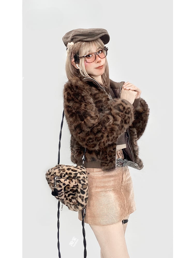 Gyaru Coffee Leopard Plush Jacket