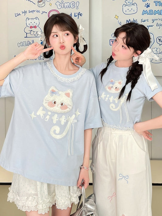 Long/Short Round Neck Plush Version Blue T-Shirt Cat Applique