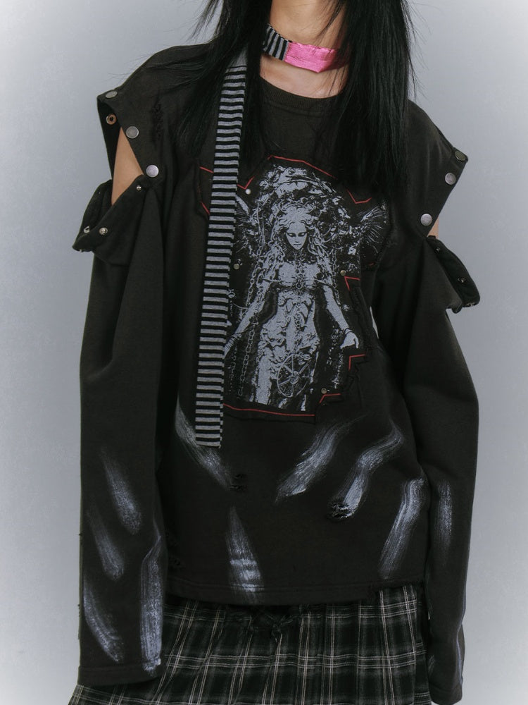 Distressed Sweatshirt Design Black Cutout Shoulder Faded Wash Applique