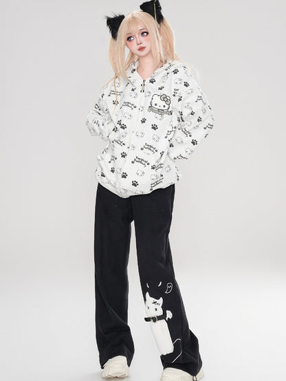 Black/Pink/Light Blue Kitties Allover Print Zip Hoodie