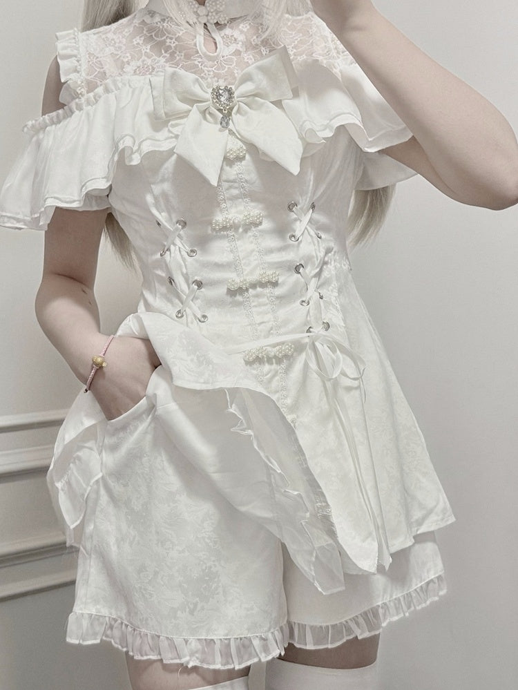 Style Illusion Bow Tie Mini Dress Set- Kei Cheongsam White + Shorts Jirai Neckline + Bell Sleeves